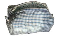 Borsa for il trucco Trapuntata in cotone portatile a quadretti con borsa for il lavaggio con cerniera Borsa da viaggio for la cura della pelle di grande capacità per Donna Uomo(Blue)