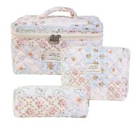 Borsa for trucco trapuntata in cotone da 3 pezzi,borsa for cosmetici carina for donna,set di borse for trucco estetico civetta floreale,borsa for articoli da toilette da viaggio (Color : F)