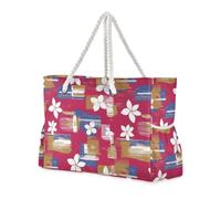 Borsa giapponese a prova di sabbia con fiori rossi con cerniera con tasche laterali Weekender durante la notte per viaggi, palestra, vacanze