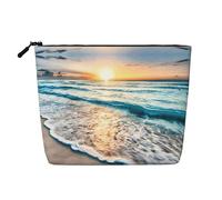 Borsa grande per cosmetici con onde sull'oceano e tramonto sulla spiaggia, borsa in canapa finta, resistente all'acqua, con cerniera, per viaggi quotidiani