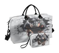 Borsa grande per il fine settimana con tracolla regolabile per allenamento, set da 2 pezzi, motivo: doberman, 3D, corsa