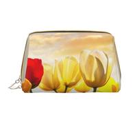 Borsa grande per trucco, Borsa per cosmetici in pelle Borsa da viaggio per articoli da toeletta Borsa per trucco, Tramonto del fiore del tulipano