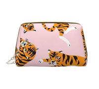 Borsa grande per trucco, Borsa per cosmetici in pelle Borsa da viaggio per articoli da toeletta Borsa per trucco, Tigri Carini Animali Da Circo Su Sfondo Rosa