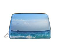 Borsa grande per trucco, Borsa per cosmetici in pelle Borsa da viaggio per articoli da toeletta Borsa per trucco, L'oceano ondeggia la spiaggia dell'isola delle Seychelles nel tramonto