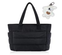 Borsa Imbottita Donna, Lightweight Puffy Tote Bag, Grande Borse a Spalla Puffy con Scomparti, Borsa Tote Leggera e Soffice Nero, per Ufficio Università Lavoro Vacanza, con Pendente Dell'orso