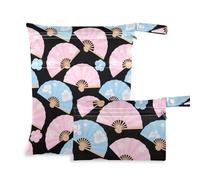 Borsa impermeabile riutilizzabile, confezione da 2 elementi essenziali da viaggio per bambini, con manici per fare il bagno, la piscina (ventaglio pieghevole rosa blu giapponese Cherry Blossom)