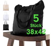 Borsa in Cotone 38x42 cm 5 Pezzi Non Stampata, Due Manici Lunghi Certificata OEKO-TEX® - Tessuto, Juta, per la Spesa e Dipingere - Nero