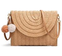 Borsa in paglia da donna, una pochette con tracolla e pompon tessuta a mano, per l'estate e la spiaggia, A-kaki.