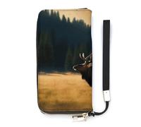 Borsa in pelle, alce nel prato stampa portafoglio da donna, portafoglio da viaggio, cinturino da polso borsa lunga, portafoglio in pelle con cerniera intorno, stile, 20 x 10,5 cm, moderno