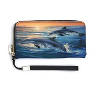Borsa in pelle, delfini nel mare, portafoglio da donna, portafoglio da viaggio, borsa lunga con cinturino da polso, portafoglio in pelle con cerniera intorno, stile-15, 20 x 10,5 cm, moderno