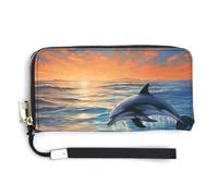 Borsa in pelle, delfini nel mare, portafoglio da donna, portafoglio da viaggio, borsa lunga con cinturino da polso, portafoglio in pelle con cerniera intorno, stile, 20 x 10,5 cm, moderno