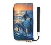Borsa in pelle, delfini nel mare stampa portafoglio da donna, portafoglio da viaggio, cinturino da polso borsa lunga, portafoglio in pelle con cerniera intorno, stile, 20 x 10,5 cm, moderno