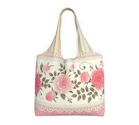 Borsa in tela a spalla singola, borsa tote in tela per donna, borsa a tracolla, borsa della spesa, combinazione di pois rosa floreali, righe neutre, motivo vintage shabby chic con pizzo floreale