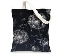 Borsa in tela artistica con dente di leone, elegante motivo nero, riutilizzabile, con tracolla leggera e lavabile, per palestra, viaggi, spiaggia, picnic, 33 x 38 cm