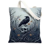 Borsa in tela con corvo gotico e teschio, 33 x 38 cm | Illustrazione gotica, atmosfera spettrale, estetica autunnale, arte ispirata alla natura, maniglie minimaliste