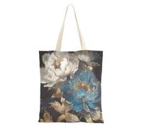 Borsa in tela con fiori di peonia blu e bianco con tasche per compleanno, riutilizzabile