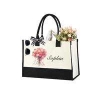 Borsa in tela personalizzata, borsa in iuta da spiaggia con testo personalizzato e fiore di compleanno stampato UV, regalo personalizzato con nome per donne, mamma, regali di nozze