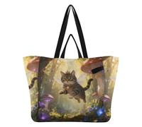 Borsa in tela pieghevole da cucina, borsa per la spesa, borsa da lavanderia per donne, accessori da viaggio, picnic, gatto fata nelle foreste incantate
