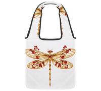 Borsa in tela riutilizzabile, multiuso, per spesa, shopping, lavoro, viaggi, - Libellule dorate con ali scintillanti su sfondo nero, Multicolore 02, 14.1x14.9in/36x38cm