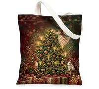 Borsa in tela vintage con albero di Natale, angelo e renna, 33 x 38 cm | Statuetta di angelo, renna, coniglio, scatole regalo confezionate, pergamena dorata ornata, luci incandescenti calde