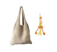 Borsa In Tessuto Albicocca Da 1 Pezzo E Portachiavi Bianco E Giallo Da 1 Pezzo, Borsa Da Spiaggia All'Uncinetto Da Donna, Adatta Per La Collocazione Delle Vacanze E Del Tempo Libero.