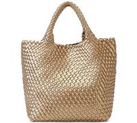 Borsa in tessuto da donna, borsa tote in pelle vegana, grande, estiva, da spiaggia, borsa da viaggio e borsa retrò fatta a mano, dorato, Large