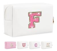 Borsa iniziale personalizzata di trucco della toppa della lettera, sacchetto cosmetico preppy della lettera della ciniglia con la chiusura lampo, GlitterWhite/RosePink-Lettera, F