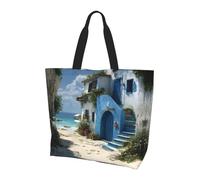 Borsa larga da donna in stile mediterraneo, con stampa sulla spiaggia, elegante borsa a tracolla impermeabile, borsa da viaggio pieghevole per lavoro, shopping