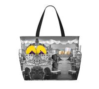 Borsa larga da spiaggia impermeabile con stampa di città sul mare, da donna, con cerniera e tasche, borsa pieghevole per viaggi, piscina, shopping, vacanze, palestra