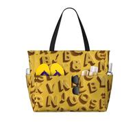 Borsa larga da spiaggia impermeabile con stampa di molte lettere, con cerniera e tasche, borsa pieghevole per viaggi, piscina, shopping, vacanze, palestra