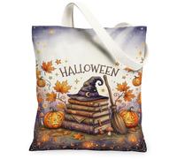 Borsa larga in tela a tema Halloween con cappello da strega e libri, 33 x | Torre del libro impilata, Jack-o'-lanterne incandescenti, foglie d'acero autunnali, scopa mistica della strega