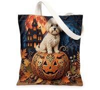 Borsa larga in tela con cane Bichon Frise, per lo shopping, 33 x 38 cm, riutilizzabile, alla moda, per le vacanze, idea regalo per il lavoro e i viaggi