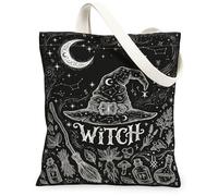 Borsa larga in tela con cappello da strega, fantasiosa luna mistica scopa per Halloween, borsa della spesa nera, 33 x 38 cm, nero, 13x15 Inch