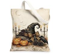 Borsa larga in tela con cappello da strega, fantasiosa zucca gotica corvo Halloween borsa per la spesa 33 x 38 cm, nero, 13x15 Inch