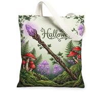 Borsa larga in tela con citazione di bacchetta magica e funghi della | Tema della foresta incantata, design magico della bacchetta di cristallo, illustrazione vibrante di funghi