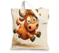 Borsa larga in tela con motivo di mucca, riutilizzabile, con motivo di animali in stile cartone animato, divertente, giocoso, leggero, lavabile, con tracolla, per palestra, viaggi, spiaggia, picnic