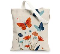Borsa larga in tela con motivo floreale e farfalle, alla moda, riutilizzabile, leggera, lavabile, con tracolla, per palestra, viaggi, spiaggia, picnic, 33 x 38 cm