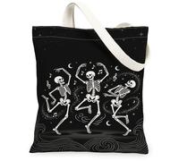 Borsa larga in tela con scheletro, fantasiosa e giocosa con note musicali, stelle, Halloween, borsa per la spesa, 33 x 38 cm