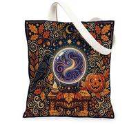 Borsa larga in tela con sfera di cristallo, fantasiosa borsa tote arancione con corvo autunnale Jack-o'-Lantern Halloween piccola borsa tote bag 33 x 38 cm, Arancione, 13x15 Inch