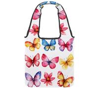 Borsa larga in tela con sfondo viola con farfalle e cielo stellato, riutilizzabile, per la spesa, con manico largo, Multicolore 08, 14.1x14.9in/36x38cm