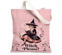 Borsa larga in tela con strega, fantasiosa borsa vintage con stelle del libro, Halloween, pesca, per tutti i giorni, 33 x 38 cm