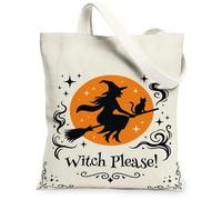 Borsa larga in tela con strega, fantasiosa e festosa con gatto e scopa per Halloween, colore arancione, per tutti i giorni, 33 x 38 cm, Arancione, 13x15 Inch