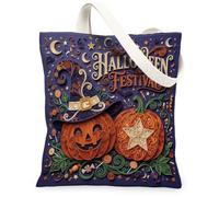 Borsa larga in tela con zucche, con cappello da mago e stelle, per Halloween, 33 x 38 cm, Arancione, 13x15 Inch