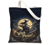 Borsa larga in tela da strega, fantasiosa con luna e scopa per Halloween, nera, piccola borsa tote 33 x 38 cm, nero, 13x15 Inch