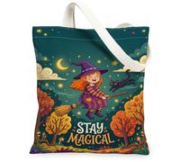 Borsa larga in tela da strega, fantasiosa e giocosa con gatto di scopa per Halloween arancione, piccola borsa tote 33 x 38 cm, Arancione, 13x15 Inch