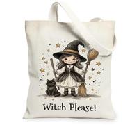 Borsa larga in tela da strega, fantasiosa e giocosa con gatto scopa per Halloween, borsa per la spesa nera, 33 x 38 cm, nero, 13x15 Inch