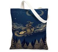 Borsa larga in tela da strega, fantasiosa mistica con nuvole di scopa e nuvole per Halloween, 33 x 38 cm, Navy, 13x15 Inch