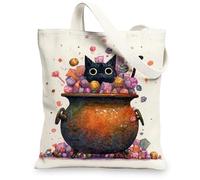 Borsa larga in tela fantasiosa, con simpatico gatto, borsa per la spesa riutilizzabile, leggera e lavabile, borsa in tela per palestra, bianco, 13x15 Inch