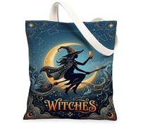 Borsa larga in tela, fantasiosa luna magica stelle Halloween blu borse della spesa 33 x 38 cm