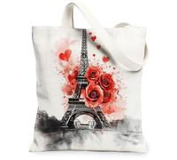 Borsa larga in tela parigina, motivo floreale romantico, con cuore rosa, riutilizzabile, con tracolla leggera e lavabile, per viaggi, all'aperto, spiaggia, picnic, 33 x 38 cm